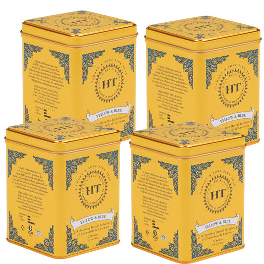 Harney & Sons Yellow and Blue herbal tea tin front view with chamomile and lavender