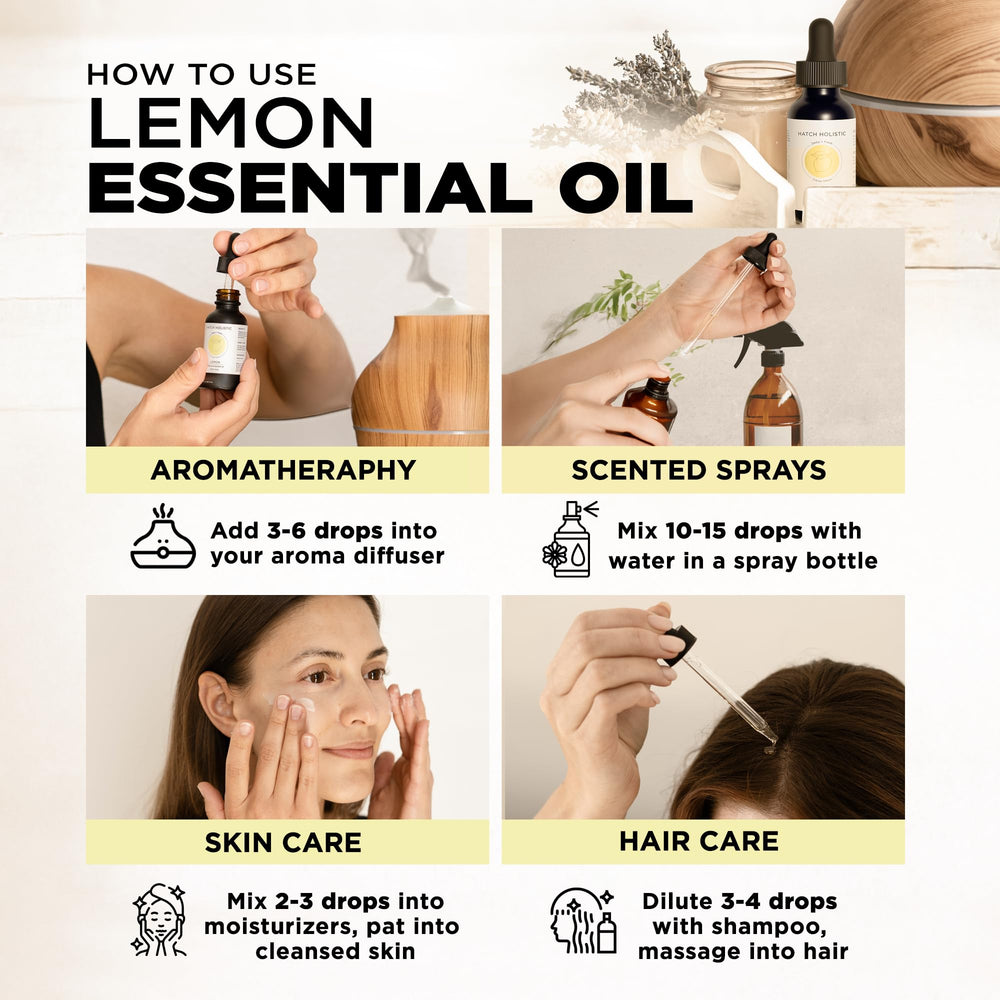 Premium glass bottle of Lemon Essential Oil with label