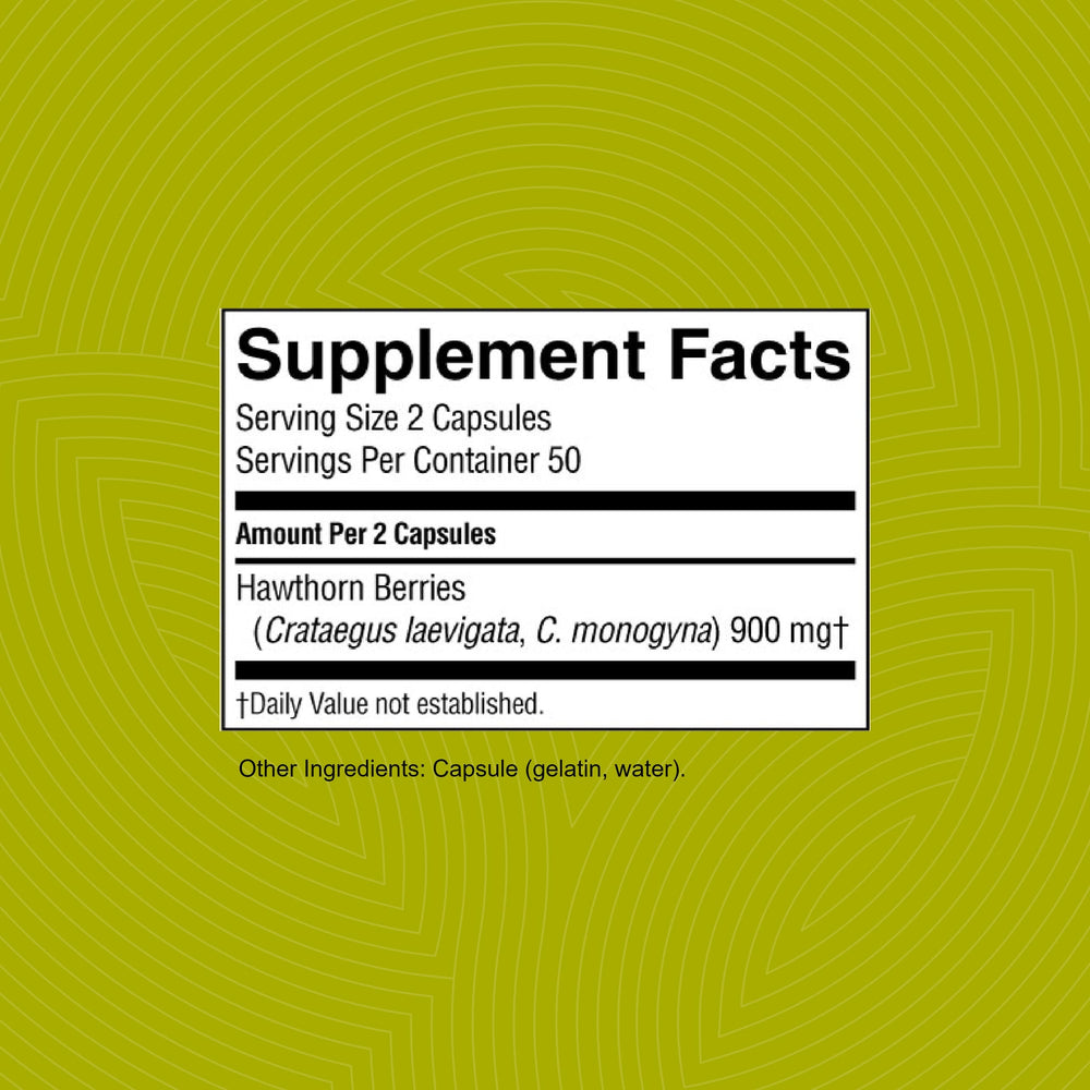 Hawthorn berries bottle with product label showing 450 mg per capsule.