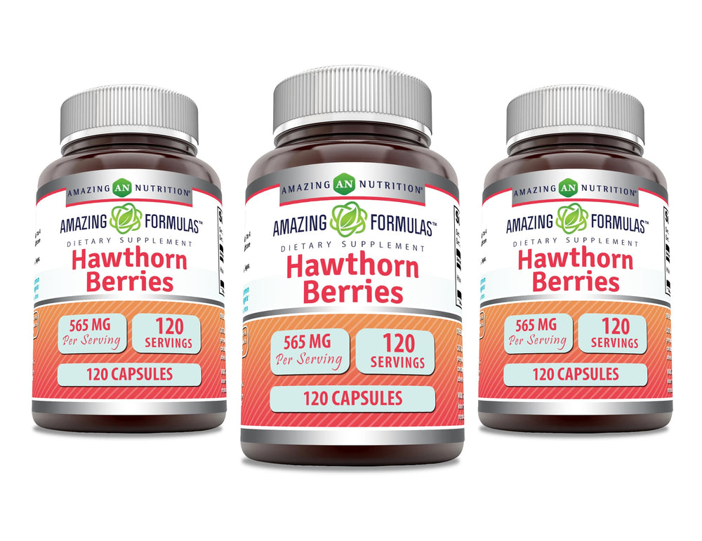 Hawthorn Berries supplement bottle front view – 565 mg, 3 pack, USA made