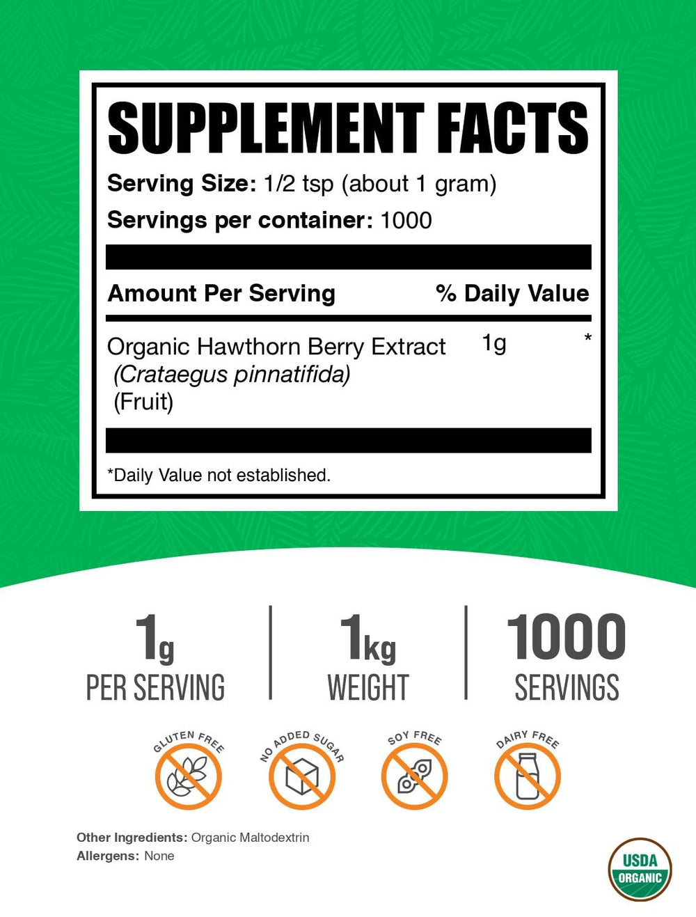 Nutrition facts for hawthorn berry extract powder