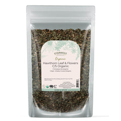 Dried hawthorn leaves and small white flowers in a loose leaf blend
