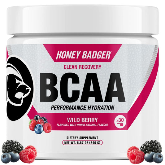 Honey Badger BCAA + EAA Wild Berry powder container front