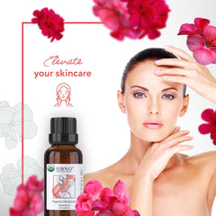 Close-up of purity and ingredients for HBNO Geranium Oil