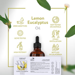 HBNO Lemon Eucalyptus essential oil label on amber bottle