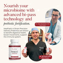 Open bottle of HealFast Probiotic 40B CFU capsules