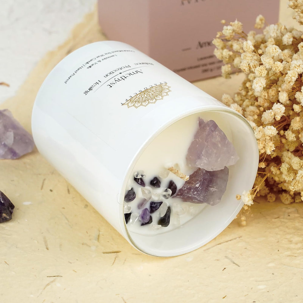 Crystal arrangement inside a white 10oz jar candle.