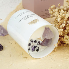 Crystal arrangement inside a white 10oz jar candle.