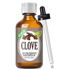 Healing Solutions Clove Essential Oil in a 120ml amber glass bottle with Euro-style eyedropper