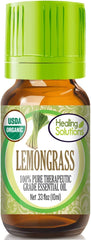 Front view of Healing Solutions Organic Lemongrass Essential Oil 0.33 oz bottle