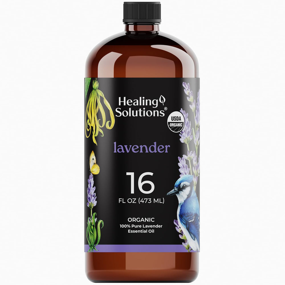 Front view of Healing Solutions Organic Lavender Essential Oil 16oz bottle