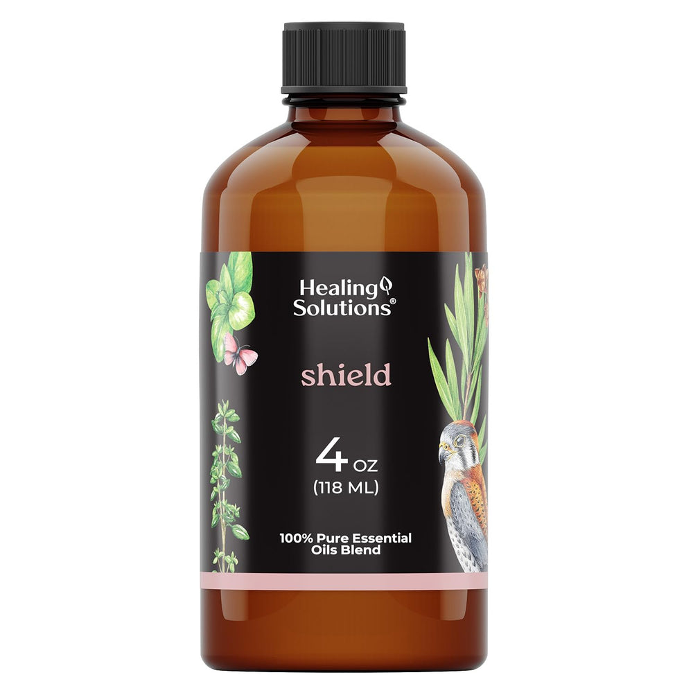 Healing Solutions Shield Blend Essential Oil in 4 oz amber glass bottle with Euro-style dropper