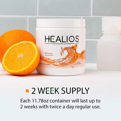 Healios orange drink ready after mixing for convenient use.