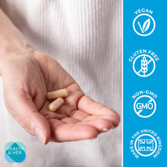 Capsules of Health & Her Perimenopause in a close-up showcase vegan formulation.