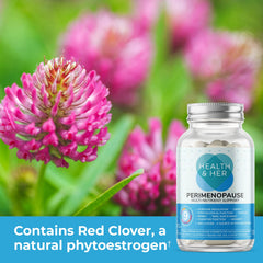 Premium Health & Her Perimenopause glass bottle with soft lighting for lifestyle use.