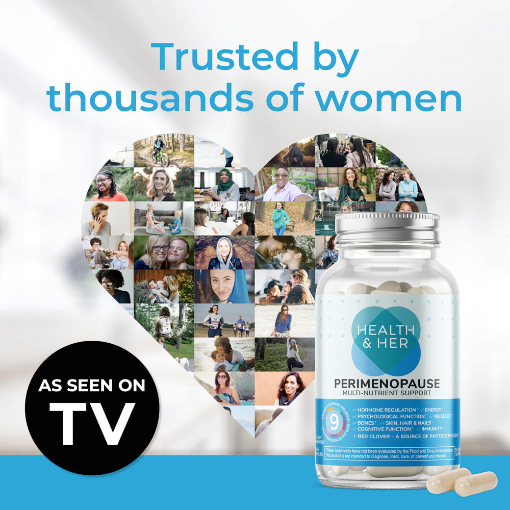 Health & Her Perimenopause branding with UK flag to imply trusted, local formulation.