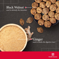 Herbal blend ingredients including garlic, ginger, slippery elm, and myrobalan