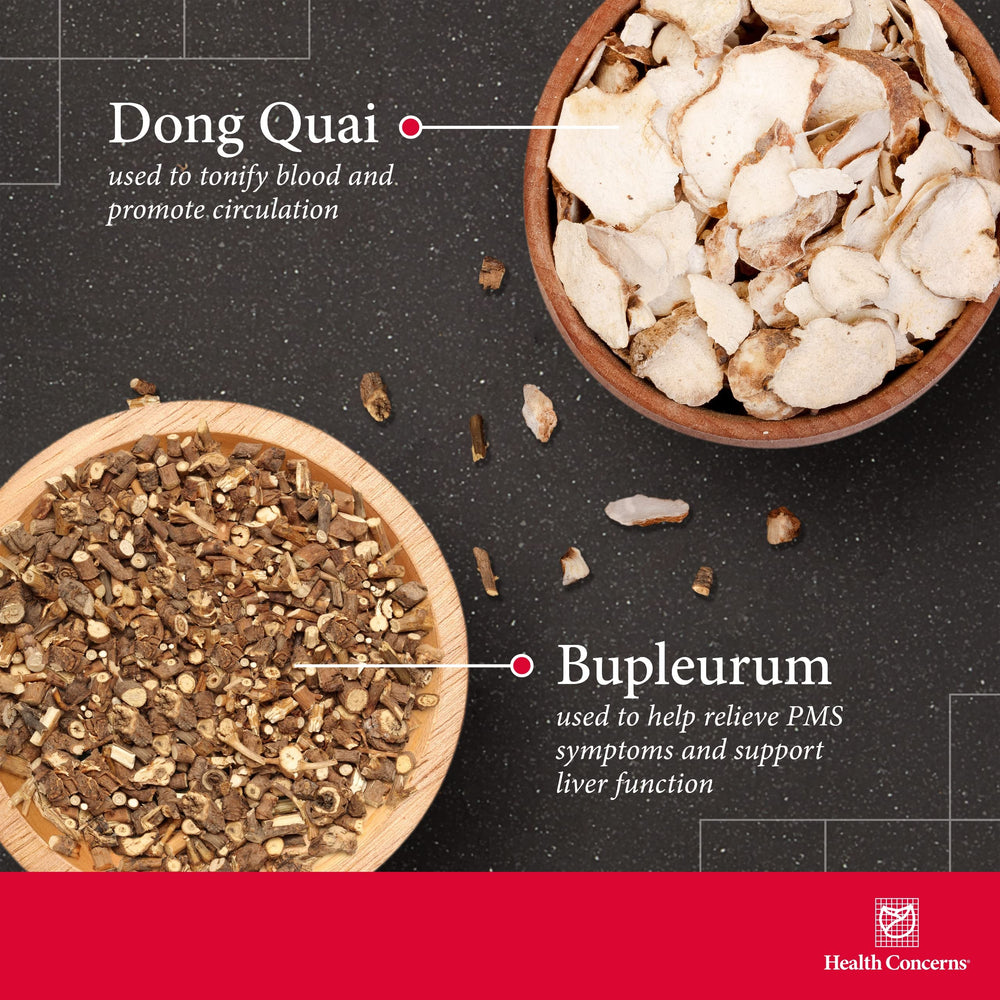 Key ingredients: Dong Quai, Chinese Peony, Bupleurum root, Bai-Zhu Atractylodes