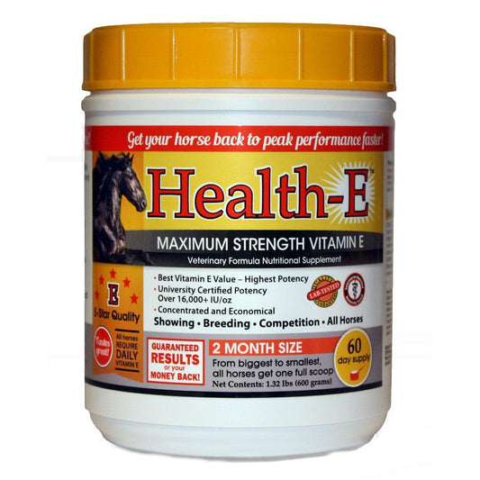 Health-E vitamin E powder for horses, 60 servings bottle label