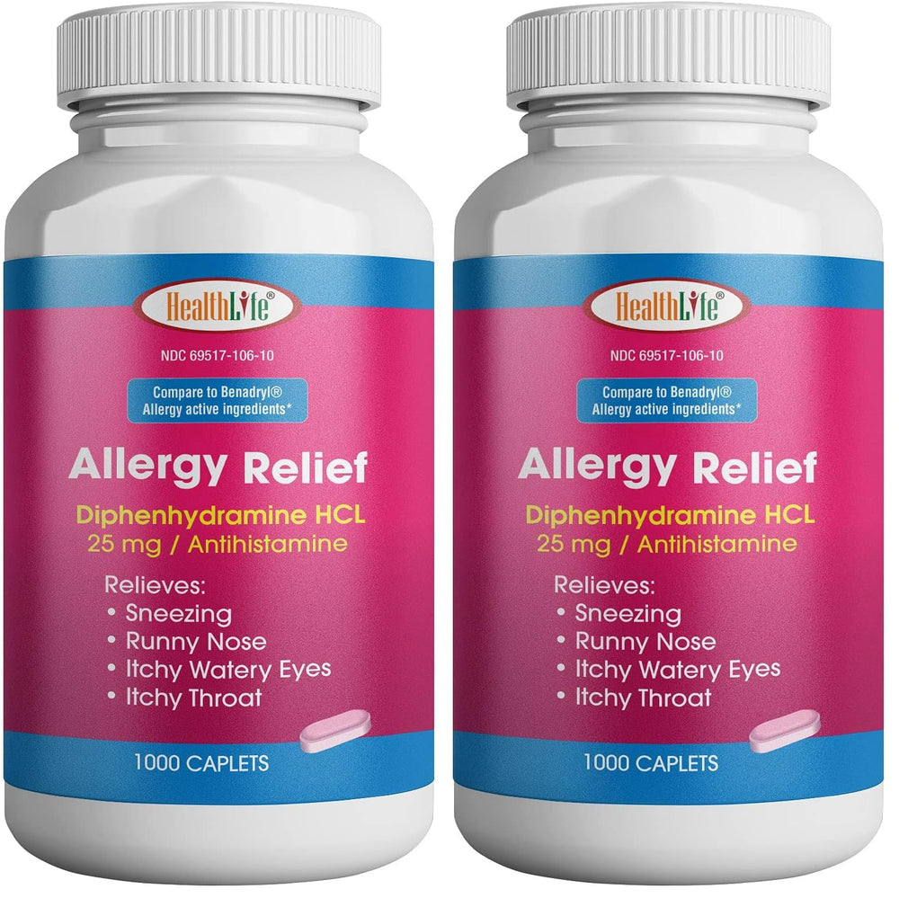HEALTH LFE allergy relief bottle label shows per-pack dosing for allergy symptom support