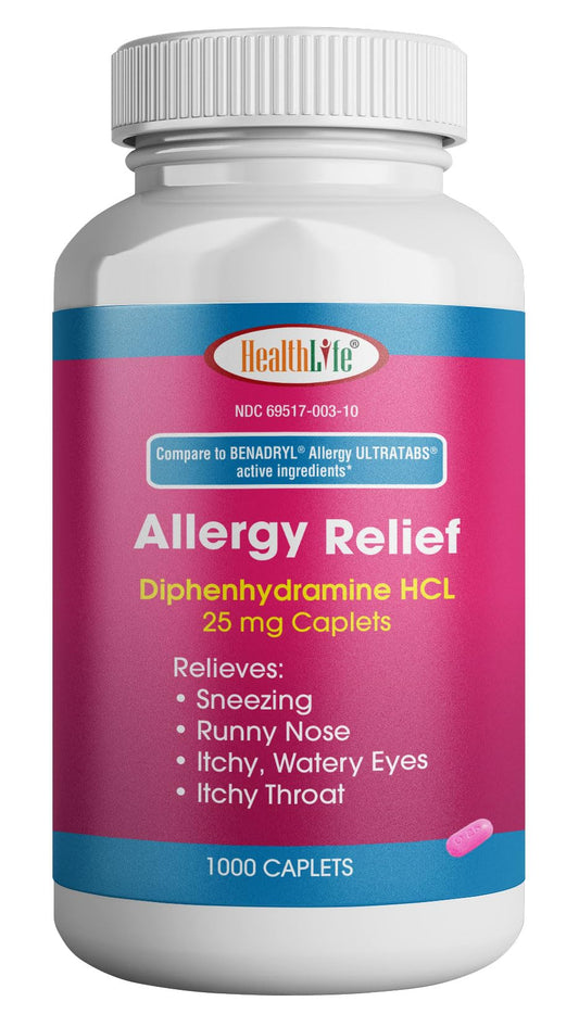 HEALTH LFE Allergy Relief caplets bottle front label for fast symptom relief.