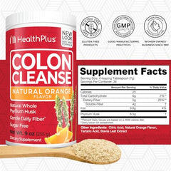 Close up of powder and scoop for Health Plus Colon Cleanse orange flavor