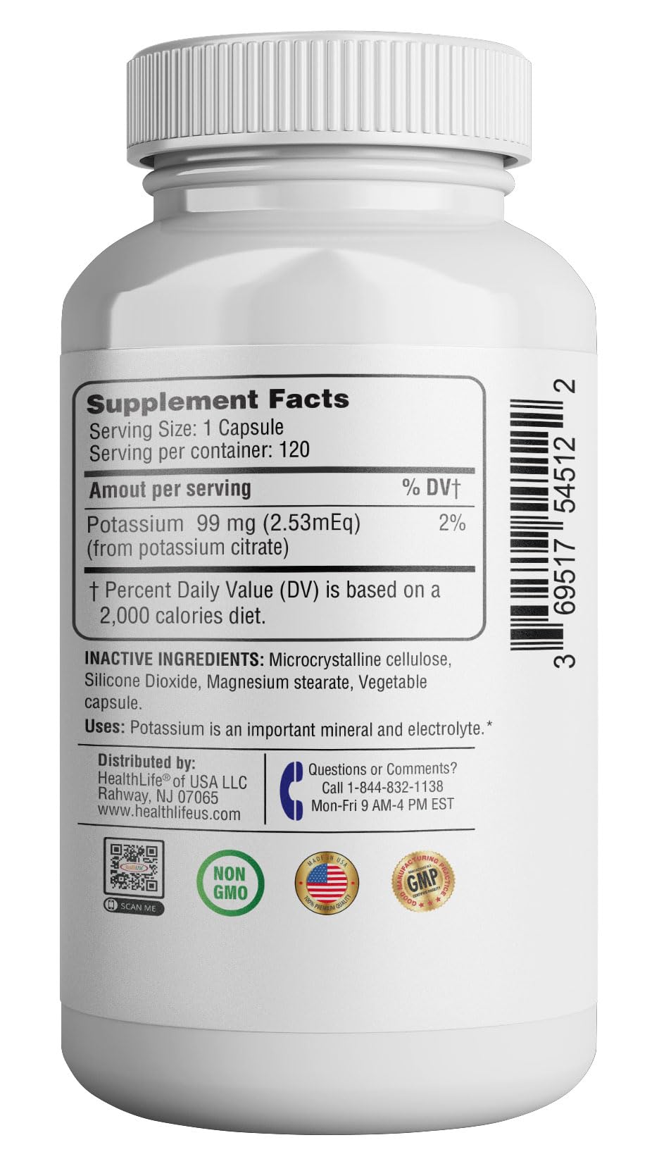 Nutrition label on potassium citrate bottle