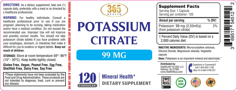 Health Potassium Citrate 120 capsules on a white background