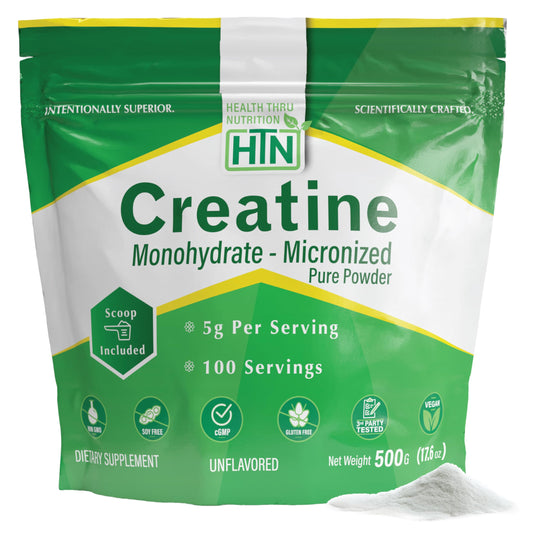 Health Thru Nutrition Creatine Monohydrate Micronized 500g tub front view