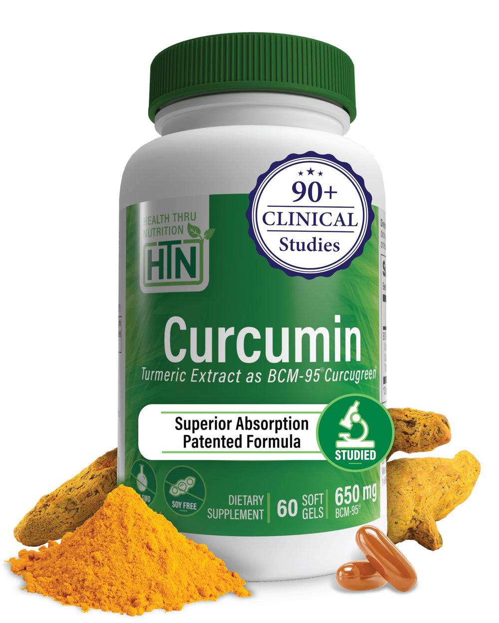 Bottle of Health Thru Nutrition Curcumin 650mg BCM-95 Curcugreen with label