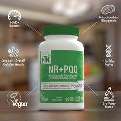 Pack of 60 NR + PQQ supplements on white background