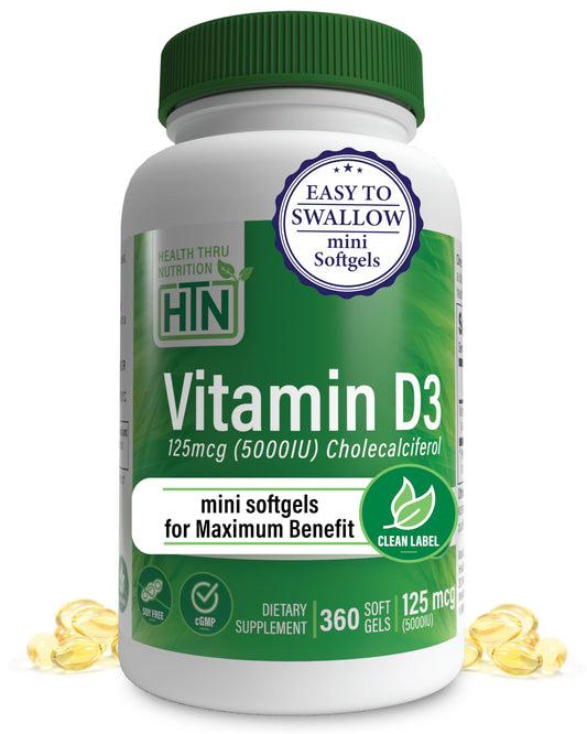 Bottle of Health Thru Nutrition Vitamin D3 5000IU 360 mini softgels