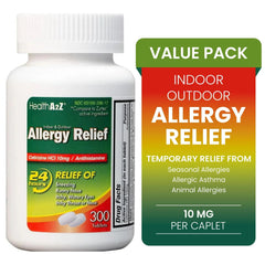 HealthA2Z Allergy Relief 10mg bottle front view for indoor and outdoor relief