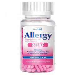 HealthA2Z Allergy Relief bottle with 200 caplets for flexible allergy symptom relief
