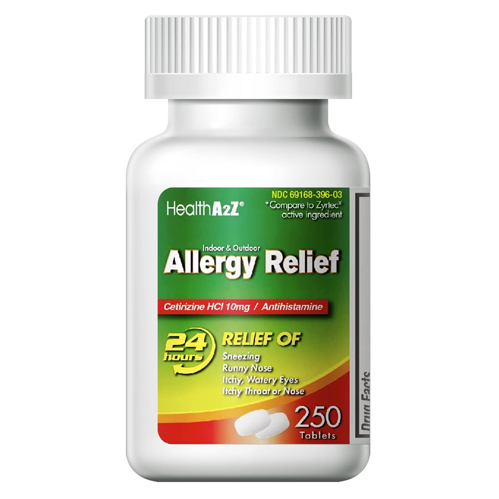 HealthA2Z Allergy Relief cetirizine 10mg tablet close-up for indoor and outdoor relief