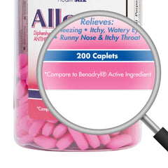 HealthA2Z Allergy Relief label close-up highlighting diphenhydramine 25 mg per tablet