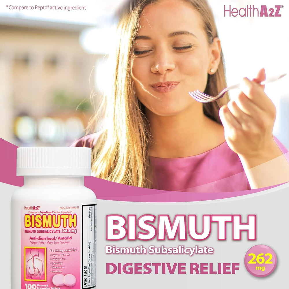 HealthA2Z Bismuth nausea and diarrhea scene with tablets