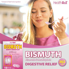HealthA2Z Bismuth bottle shows portable on-the-go relief