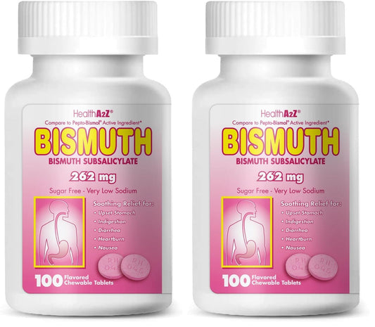 HealthA2Z bismuth tablet close-up for on-the-go digestive comfort.