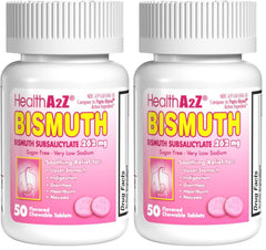 HealthA2Z bismuth tablets close-up for on-the-go digestive support.