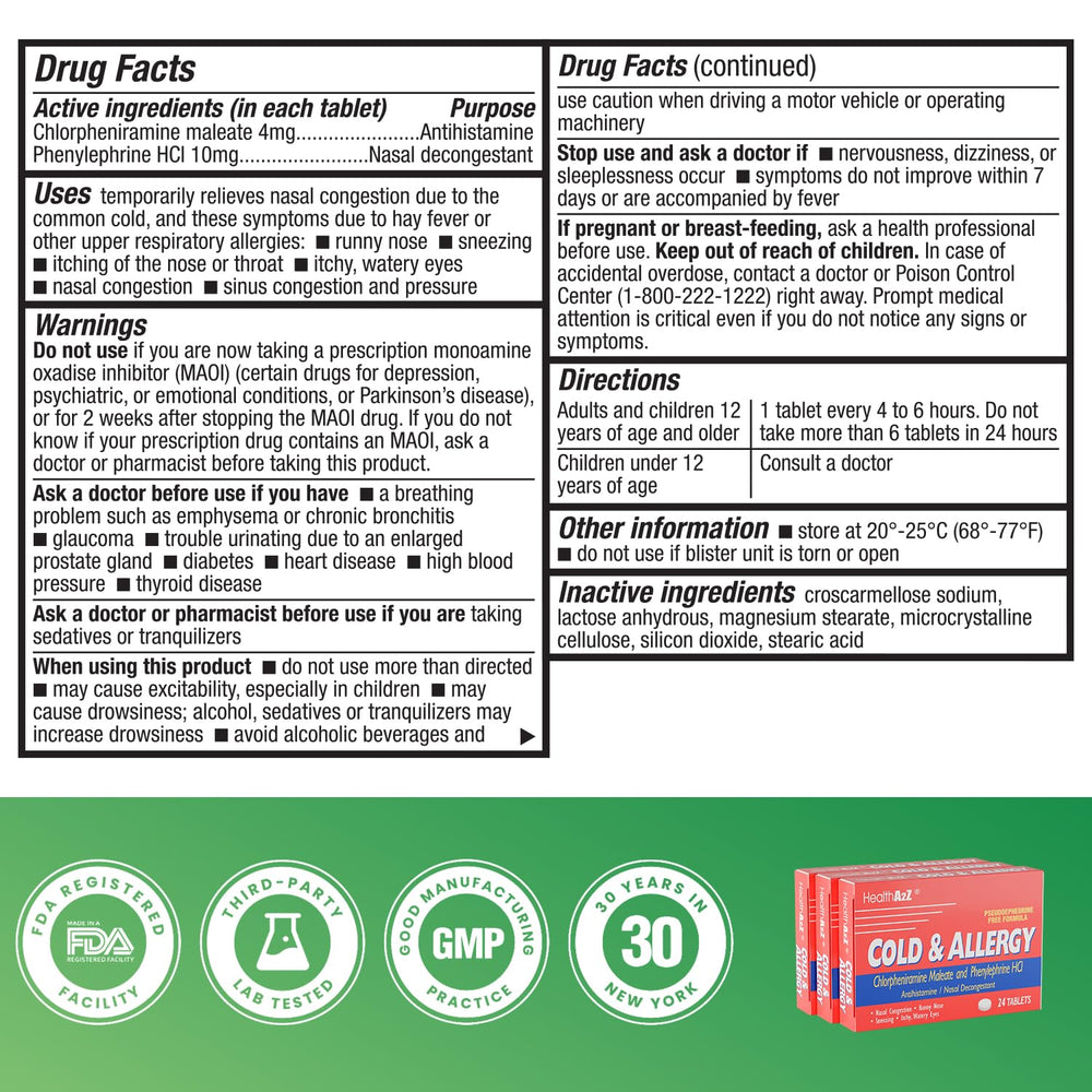 HealthA2Z Cold & Allergy blister pack emphasizes convenient dosing and portability