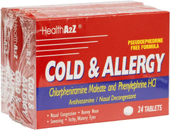 HealthA2Z Cold & Allergy tablets closeup highlights compact, travel-friendly relief