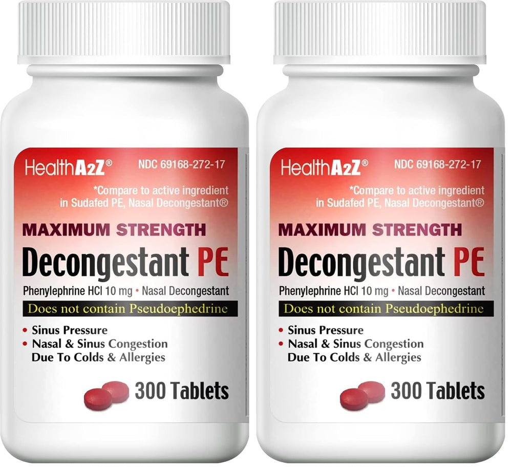 HealthA2Z Decongestant PE bottle front highlights maximum strength relief for nasal congestion
