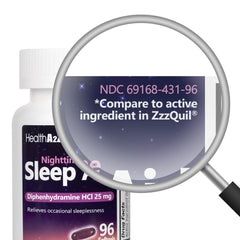 HealthA2Z diphenhydramine-25mg pill emphasizes the active ingredient for occasional sleeplessness relief.