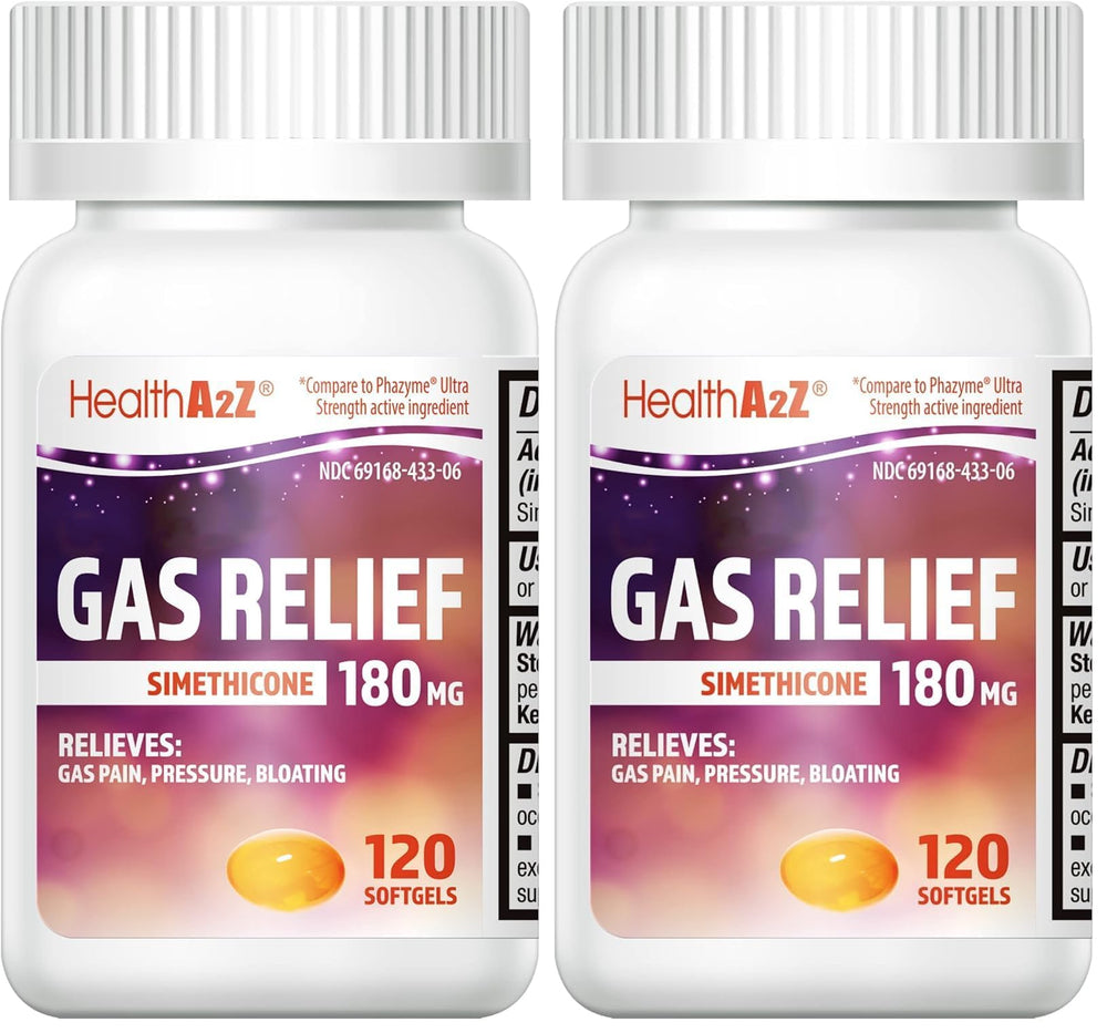 HealthA2Z Gas Relief softgels bottle shows portable stomach comfort on the go