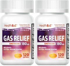 HealthA2Z Gas Relief softgels bottle shows portable stomach comfort on the go
