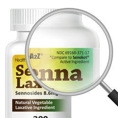 HealthA2Z Senna Laxative tablets close up emphasizing Sennosides 8.6 mg per tablet