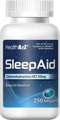 HealthA2Z Sleep Aid bottle label shows 50 mg diphenhydramine for occasional sleeplessness