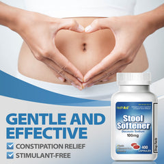 HealthA2Z Stool Softener bottle open reveals capsules ready for daily use.
