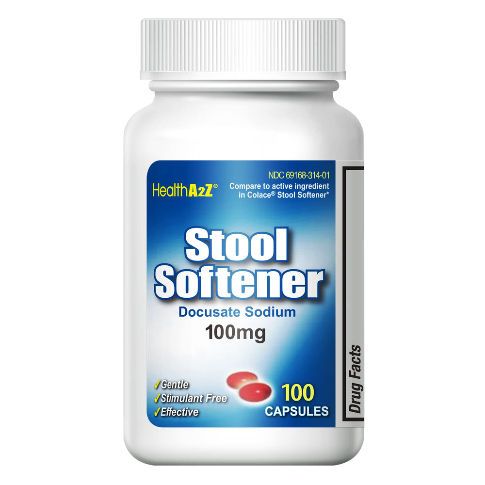 HealthA2Z Stool Softener red capsules bottle for gentle, easier bowel movements.